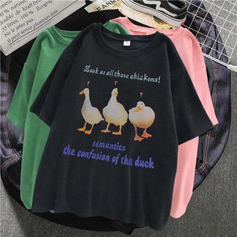 

T Shirt Woman Gothic Star Punk Duck Print Tops geometry printed Short Sleeve Cat Print Black Loose Punk Casual Femme Clothing