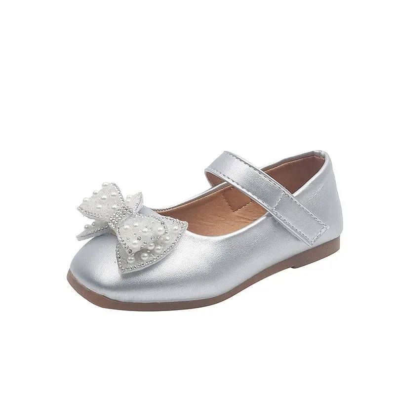 

Child Kids Gold Sliver Pearls Bow-knot Leather Shoes Baby Little Girls Party Performance Dance Shoes New 2022 Chaussure Fille