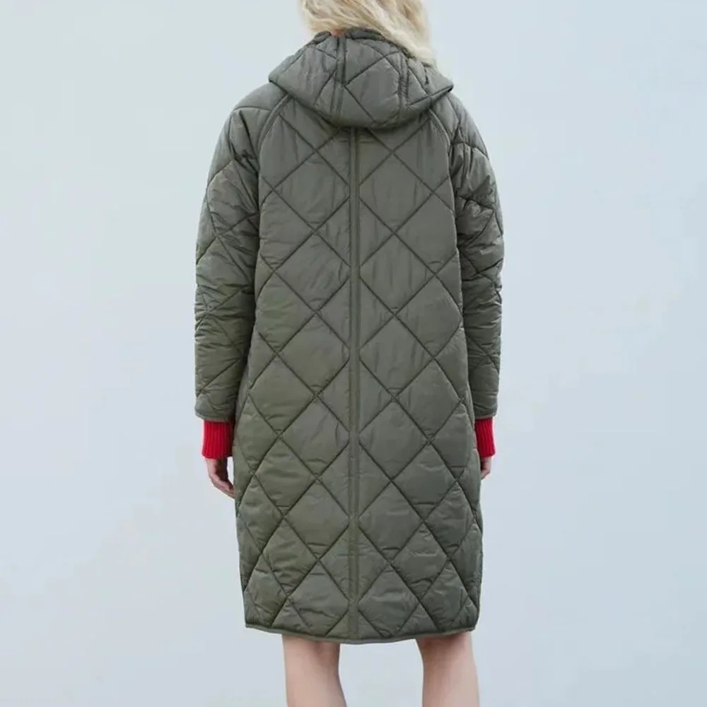 Autumn and Winter New Solid Color Medium Long Hooded Cotton Coat Women