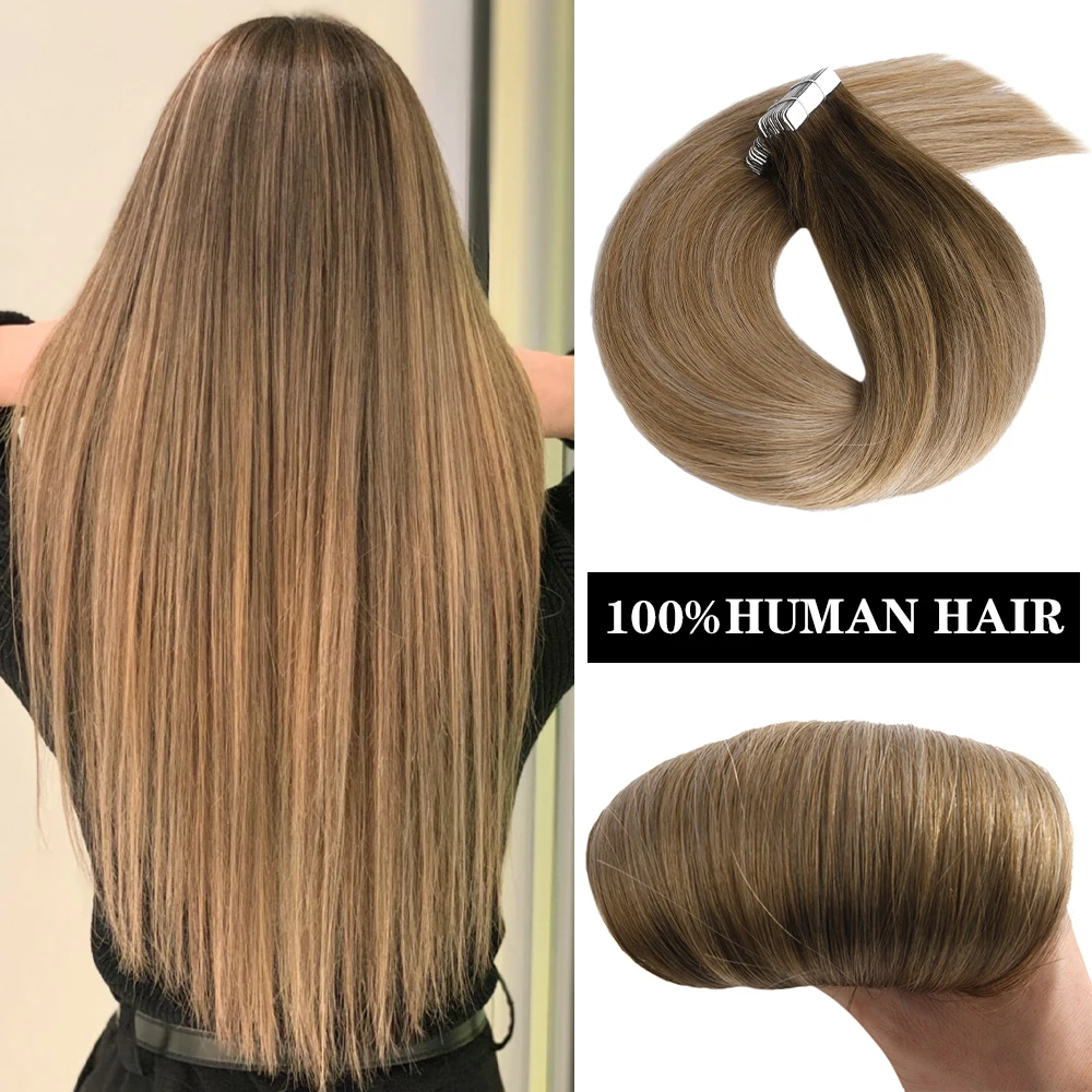 VLASY 100% Tape In Real Human Hair Extensions For Women Natural Machine Remy 24inch Adhesive Brazilian Straight Hairpiece Wigs