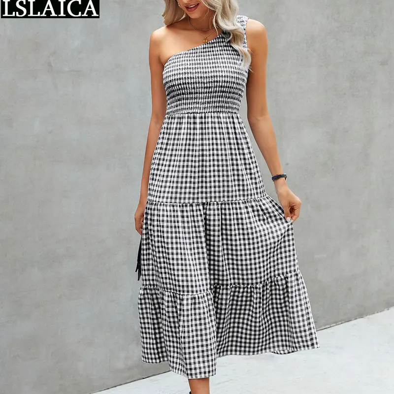 

Sweet Casual Maxi Dresses for Women Sumemr 2022 One Shoulder Sleeveless Plaid Sundress Fashion Vintage Beach Vestido De Mujer