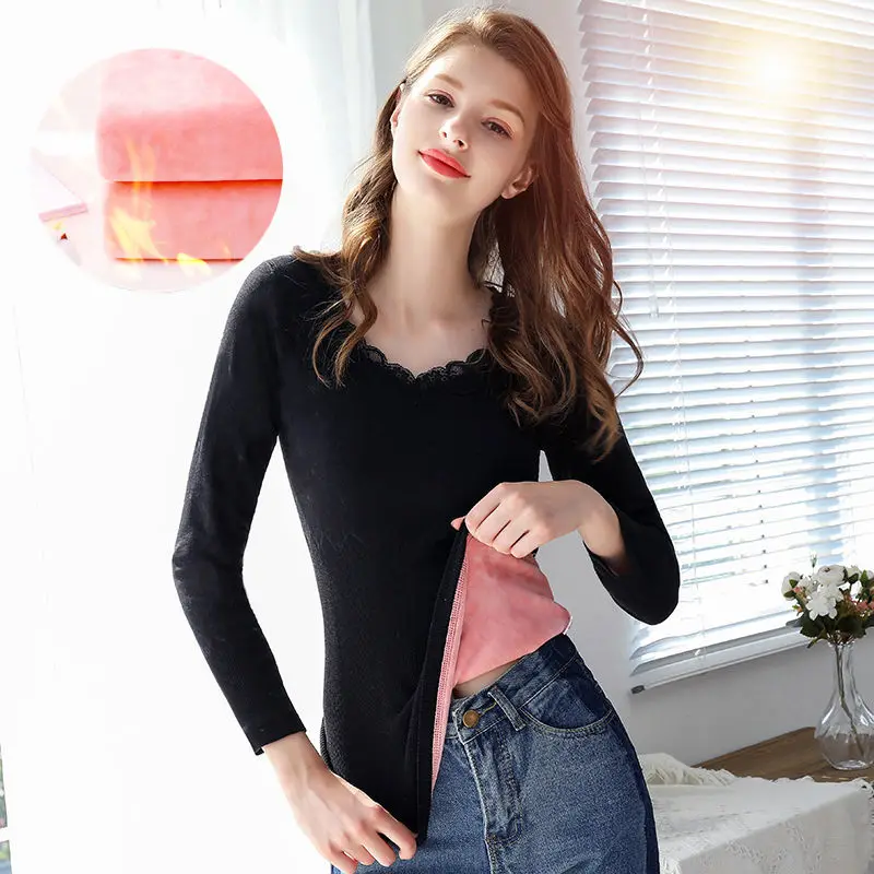 37℃ constant temperature plus velvet thick lace warm top women's winter underwear autumn clothes invisible bottoming shirt