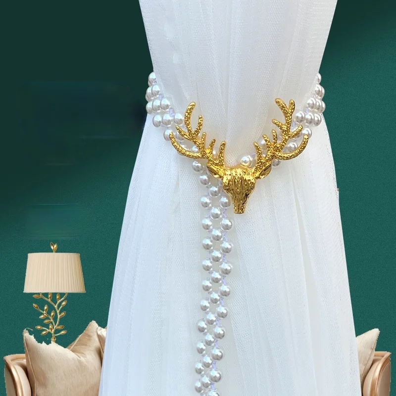 

Nordic metal light luxury curtain with elk head pearl rope elastic creative hook curtain