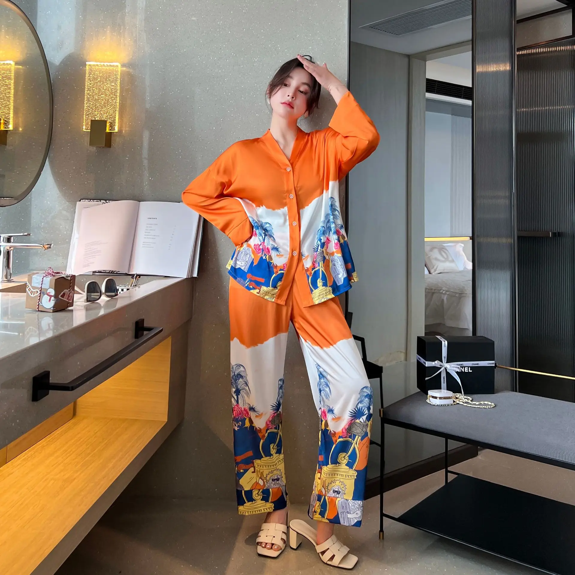 NEW Women's Pajamas Set Luxury Orange Coconut Print Sleepwear Silk Like Homewear V Neck Nightwear Leisure Loungewear