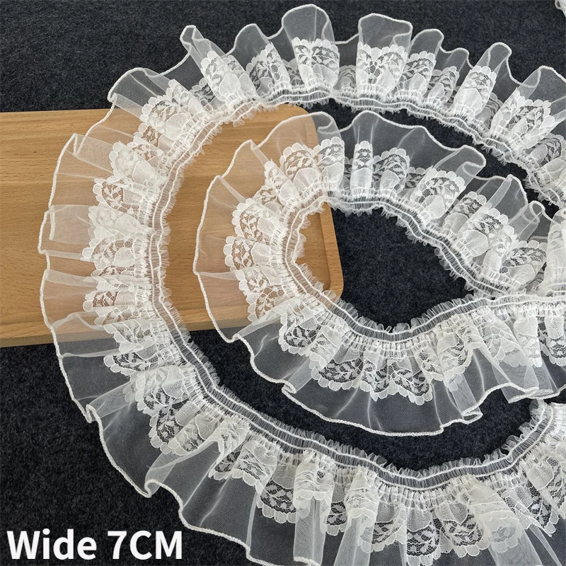 

7CM Wide Double Layers White Tulle Mesh Lace Fabric Embroidery Fringe Ribbon Dress Collar Cuffs Elastic Ruffle Trim Sewing Decor