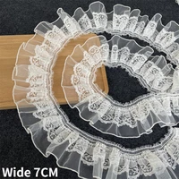 7cm wide double layers white tulle mesh lace fabric embroidery fringe ribbon dress collar cuffs elastic ruffle trim sewing decor