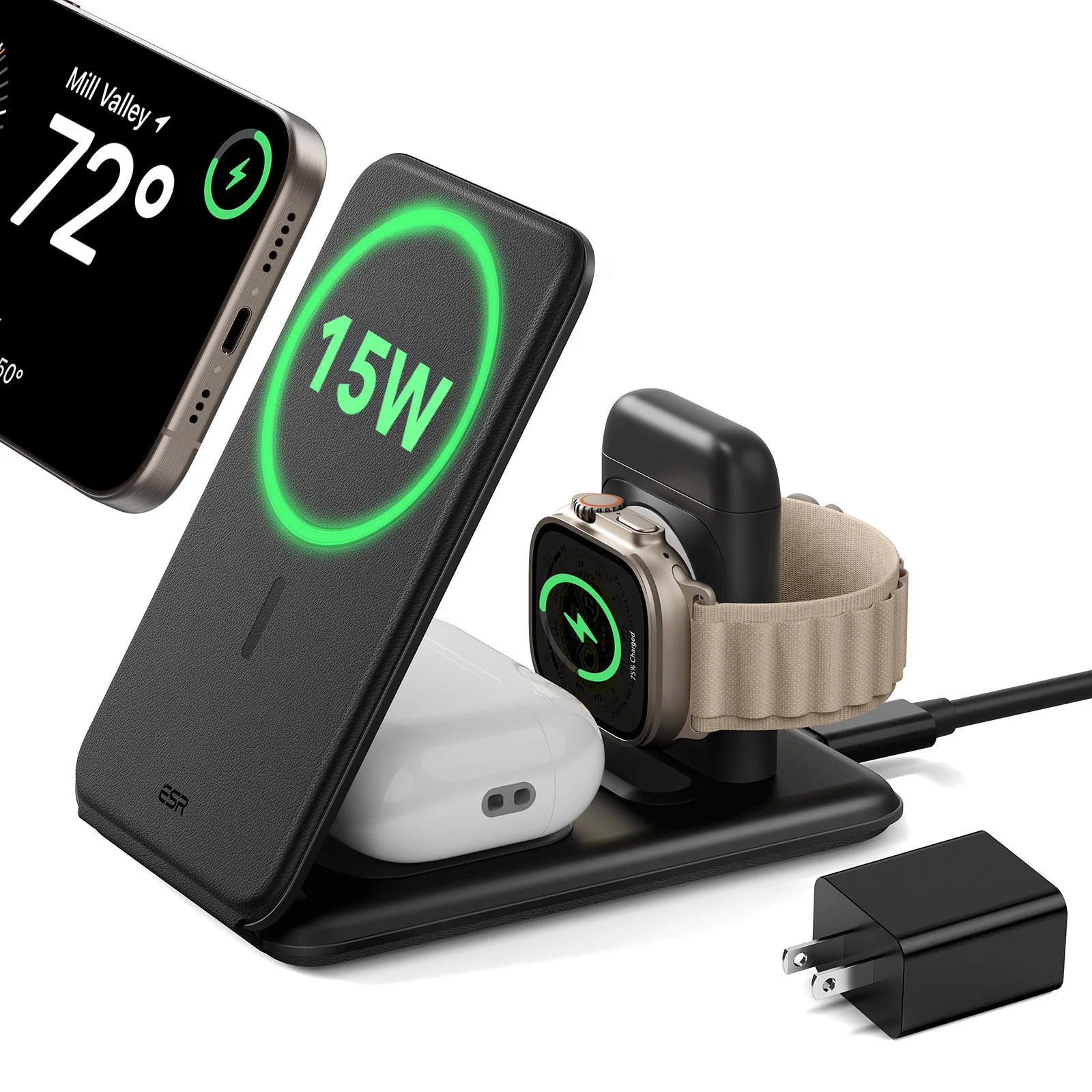 Фото Беспроводная зарядная станция ESR для iPhone 17/16/15/14/13/12, AirPods и Apple Watch, складная, совместимая с магнитной технологией, для работы №1