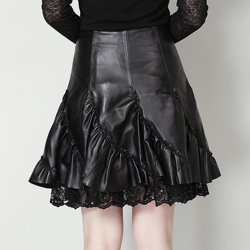 

Sexy Office Lace Lady Real Leather Skirt Fashion Black Genuine Leather Sheepskin Pleated Skirt Women Autumn A-Line Skirts