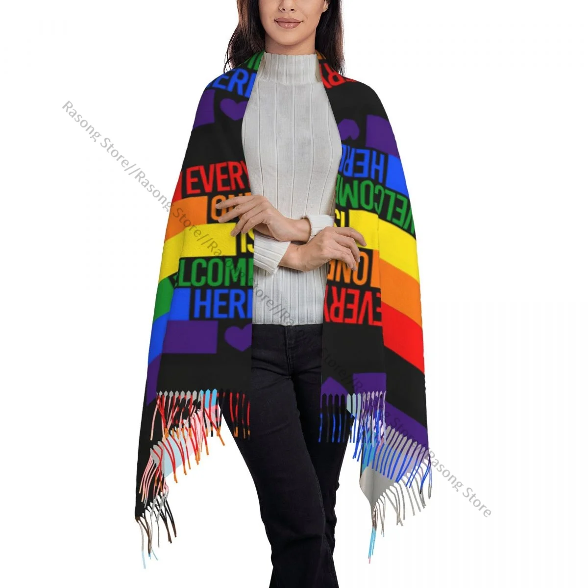 Шарф с кисточками большой размер 196*68 см зимняя теплая шаль из пашмины накидка