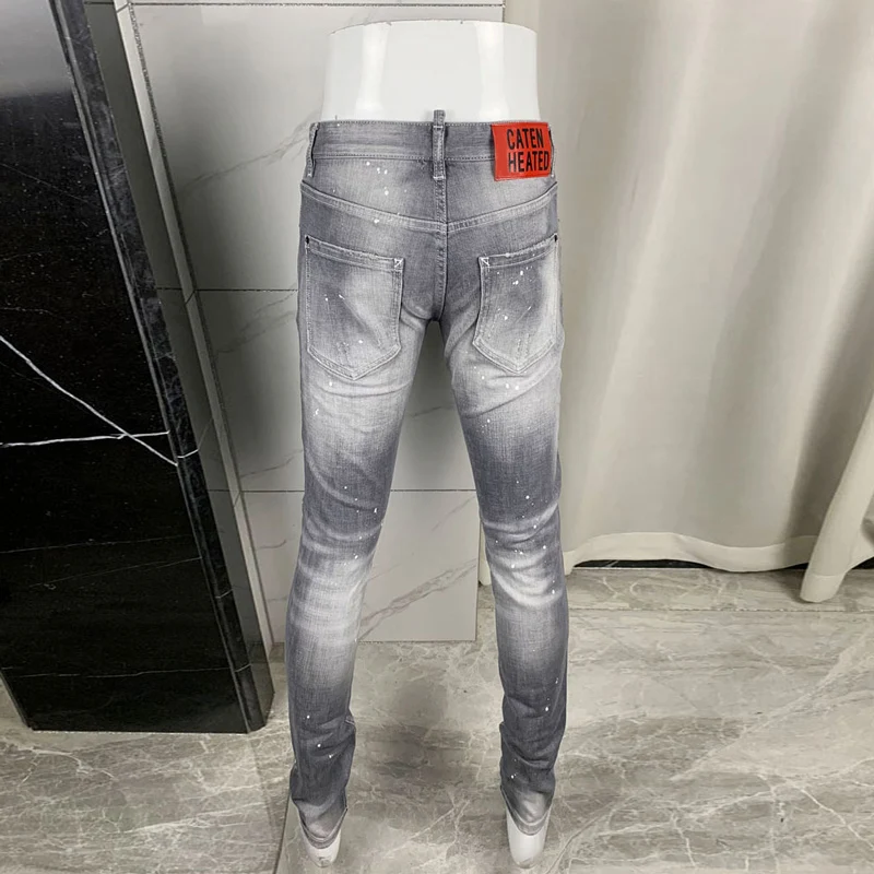 High Street Fashion Мужские джинсы Ретро стираные серые эластичные облегающие рваные