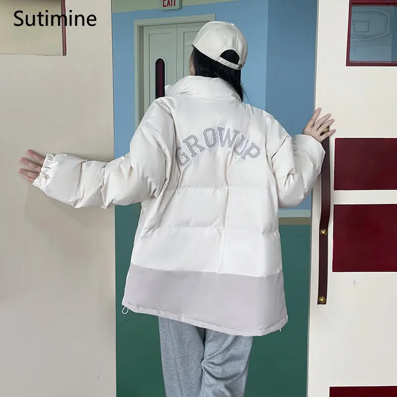 Winter Clothes Women Office Lady Pockets Color Blocked Down Cotton Coat College Style Loose Casual Coat Patch Designs Coat Women