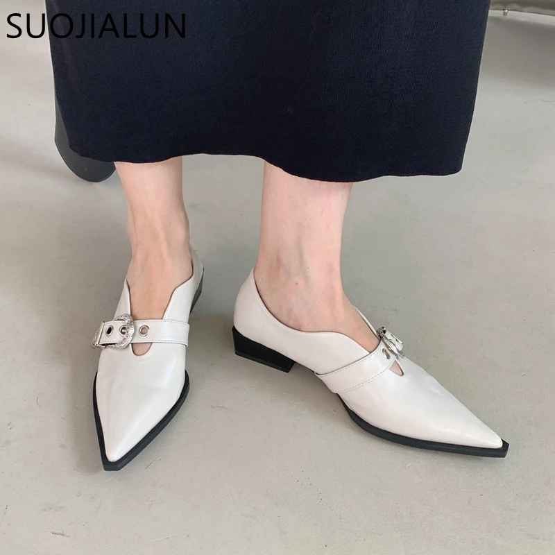 SUOJIALUN 2023 Spring New Brand Women Flat Shoes Fashion Pointed Toe Shallow Ladies Loafers Square Low Heel Female Working Shoes