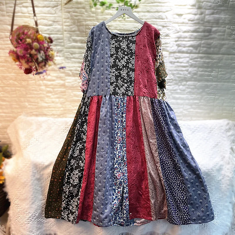 

100% Cotton Linen Female Vintage Bohemian Gypsy Hippie Loose Big Size Swing Skirt Women Summer Tribal Ethnic Ibiza Long Dress