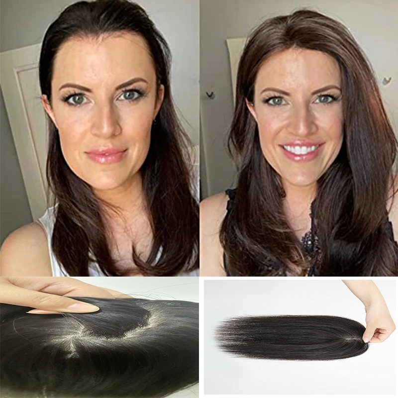 Skin Base Human Hair Topper With 4 Clips In Silk Top Virgin European Hair Toupee for Women Fine Hairpiece