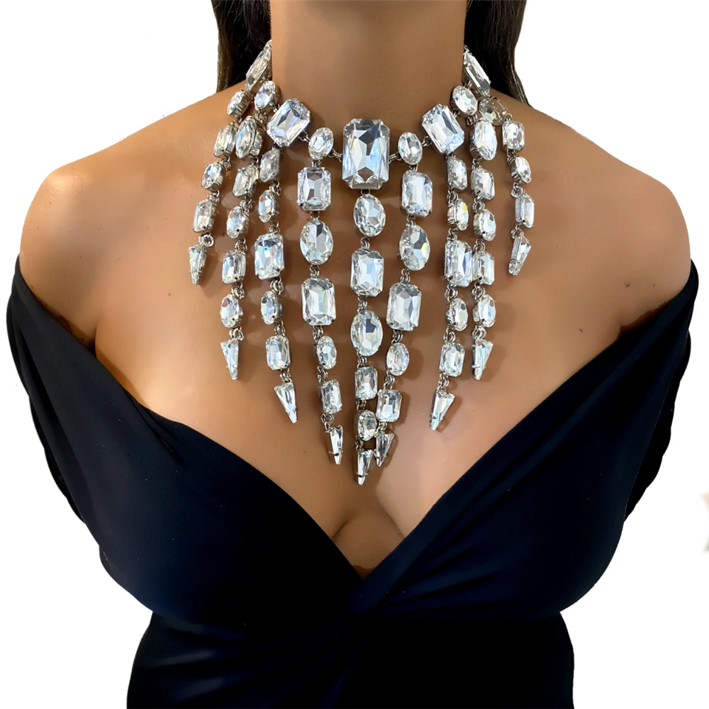 

Новинка 2022, длинное ожерелье-чокер Стразы с кисточками для женщин, массивное ожерелье-чокер с подвеской в виде капли воды и кристаллами, юве...