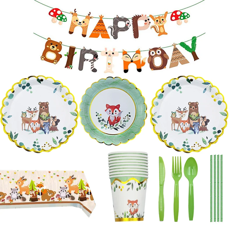 

Одноразовая посуда с изображением животных джунглей, принадлежности для вечеринок, тарелки с лисой, очки с изображением первого дня рожден...