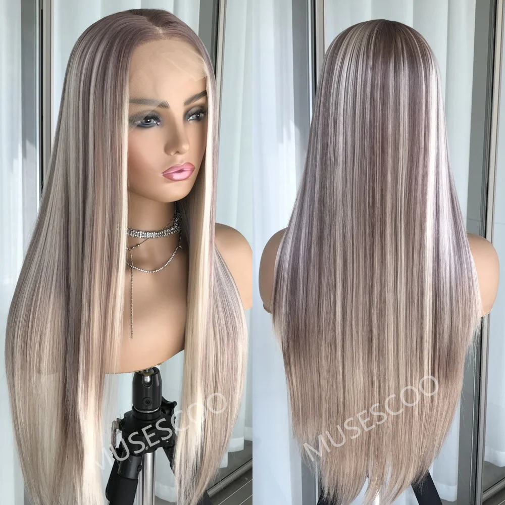 Highlight Blonde Long Straight Lace Front Wig Pre plucked Synthetic Lace Wigs for Women Golden High Quality Fiber Wig Daily Use