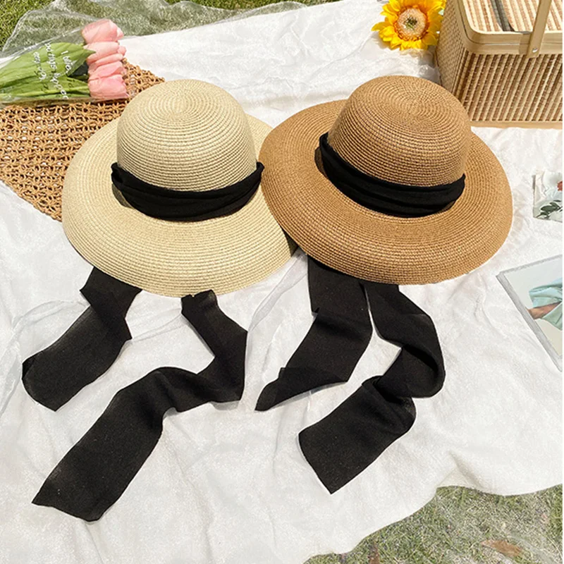 Casual Ladies Big Brim Long Streamer Dome Straw Hat Sun Hat Sun Protection Seaside Beach Hat