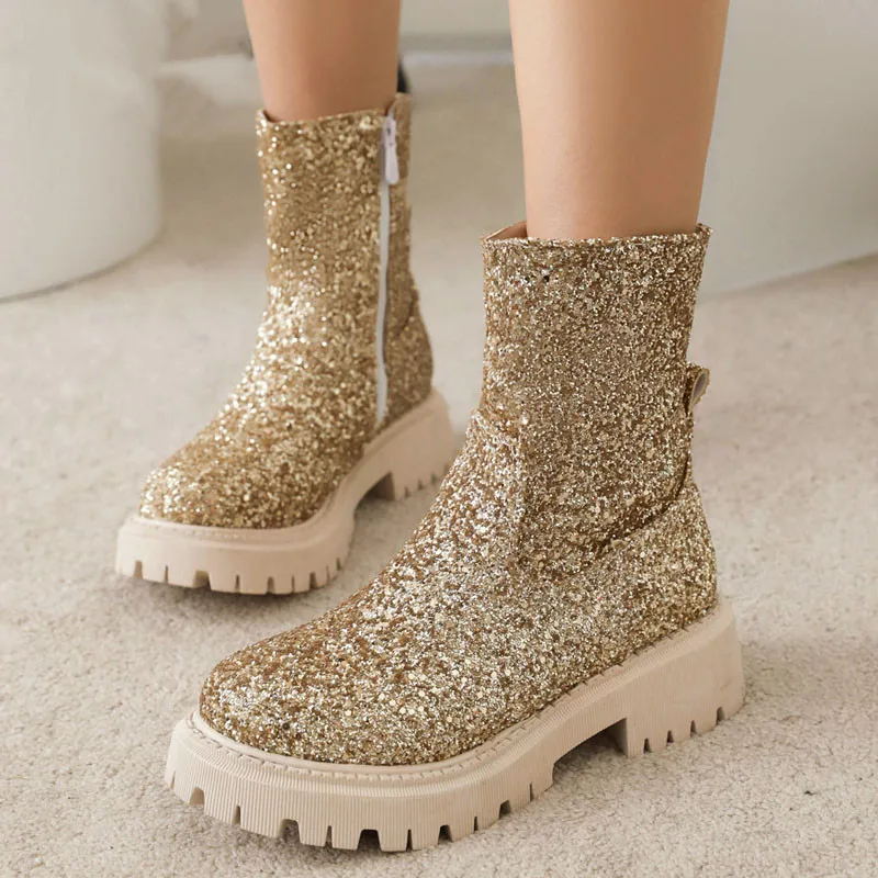 

2023 блестящая ткань осень и зима модные женские ботинки с круглым носком ботильоны обувь с блестками женские ботинки