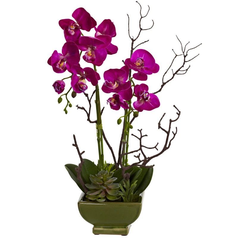 

21" Orchid & Succulent Artificial Flower Arrangement, Dark Pink