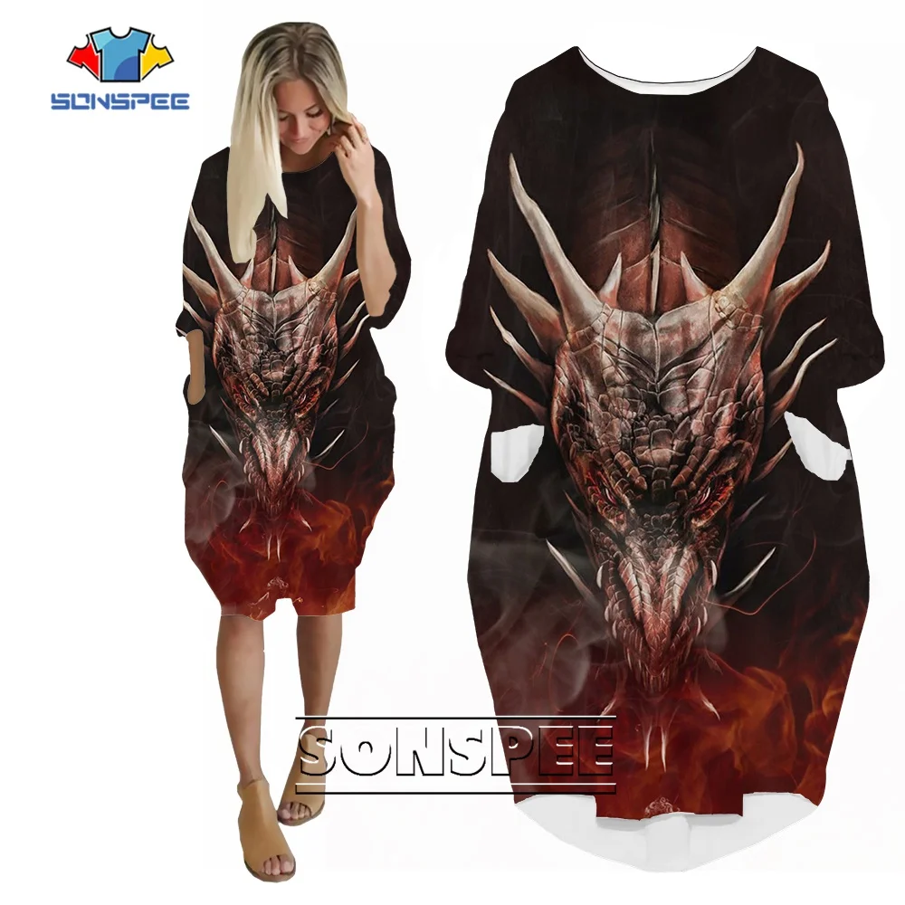 

SONSPEE Western Style Evil Fire Dragon 3D Print Dress Long Sleeve Skirt Women Animal Graphic Casual Street Personality Robe