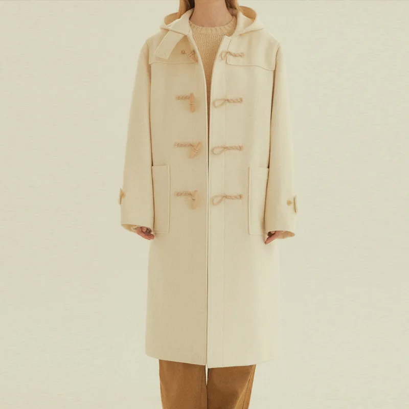 Пальто женское шерстяное средней длины с капюшоном на осень/зиму