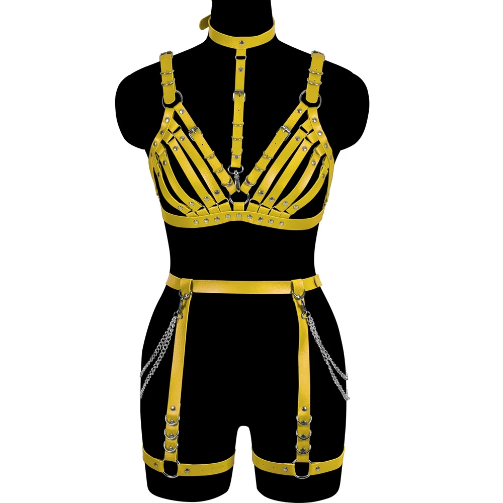 Leather Goth Silver Chain Clothing Sexy Lingerie Body Harness Set Underwear Adjustable Top Harness For Women Cage Bra Strap