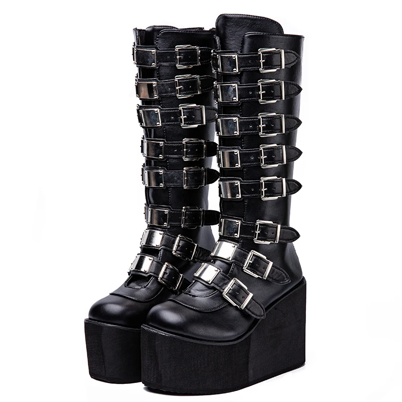 

Plus Size 43 Brand Luxury Design Platform Thick Heel Mid Calf Boots Women Punk Cool Gothic Black Buckle Shoes Woman High Boots