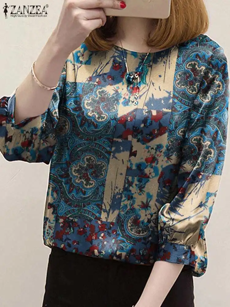 

ZANZEA Summer Vintage Floral Printed Blouse Women Bohemian Tops 2023 Casual Loose Holiday Blusas O Neck 3/4 Sleeve Cotton Shirt