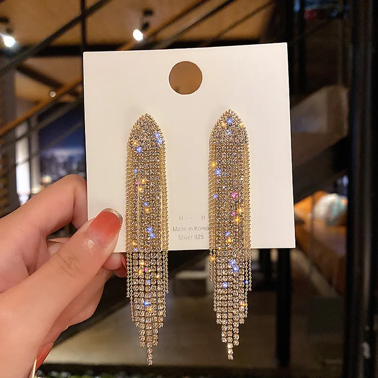 

New Fashion Earrings Ladies Exaggerated Golden Silver Color Long Tassels Rhinestone Earrings Wedding Jewelry birthday Gift
