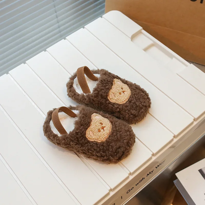 Детские меховые тапочки в Корейском стиле модная теплая обувь с круглым носком