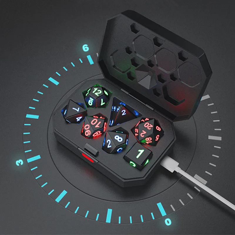 

7pcs/set Luminous DND Dice Set LED Luminous Dice Polyhedron Rechargeable Dice Set D&D RPG Games Gifts Multiple Sides