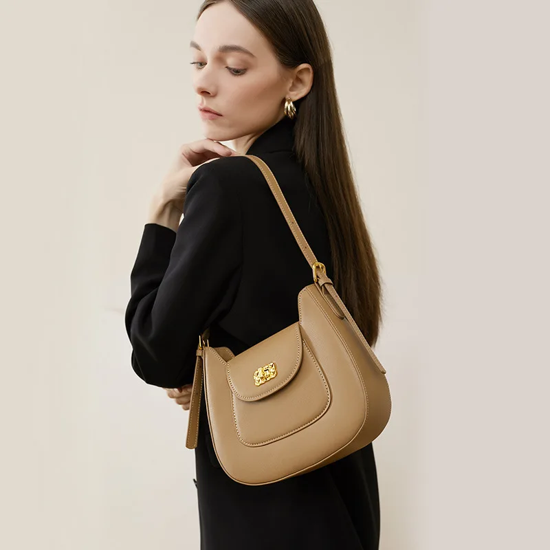 LOERSS Saddle Bag for Women Solid Color Genuine Leather Underarm Bag Versatile Commute Shopping Hand Bags Mini Purse and Handbag