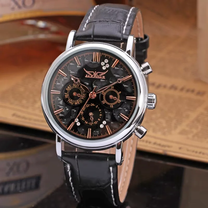 Фото JARAGAR Мужские и женские часы Механические часы с шкалой Peg Круглые часы Day and Date Черные механические часы №5