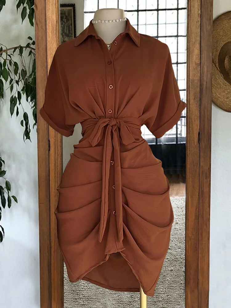 

Casual Ruched Shirt Dress Tucked Button Front Dress, Casual Solid Knotted Short Sleeve Dress, Women's Clothing