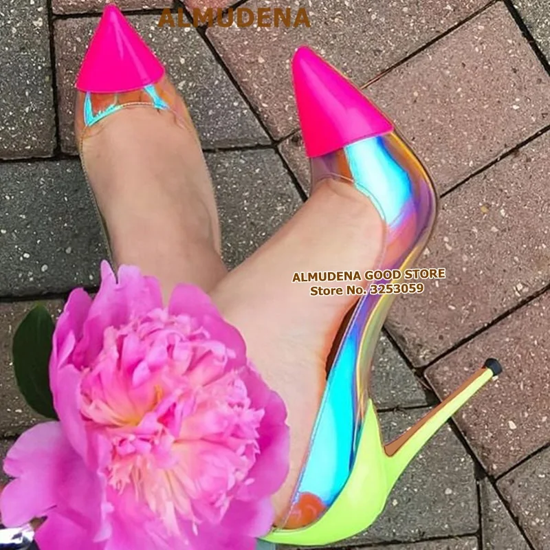 

ALMUDENA Pink Pointed Toe Clear PVC High Heel Pumps 12CM 10CM 8CM Stiletto Heels Neon Yellow Heel Color Patchwork Wedding Shoes
