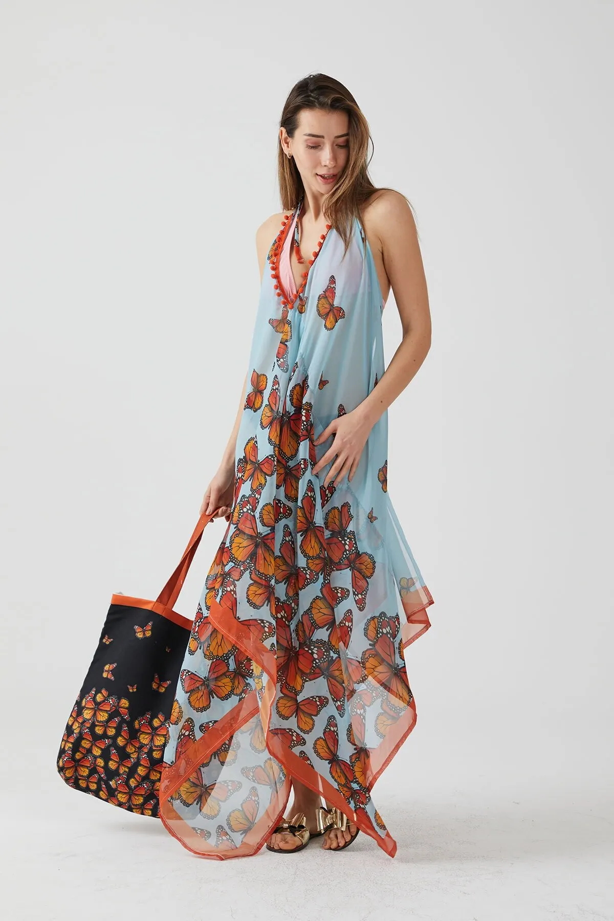 

Women's Pareo Ays Home fashion Butterfly Pattern Long Blue Beach Dress Swimwear Cover Up Dress Sexy Tunic Suit Beachwear