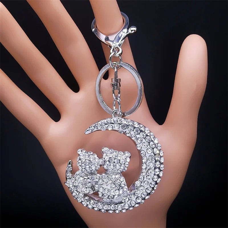 

Cute Crescent Moon Couple Cat Crystal Keychain Women Alloy Rhinestone Cat Car Key Chain Girl Bag Pendant Jewelry Keyring Animal