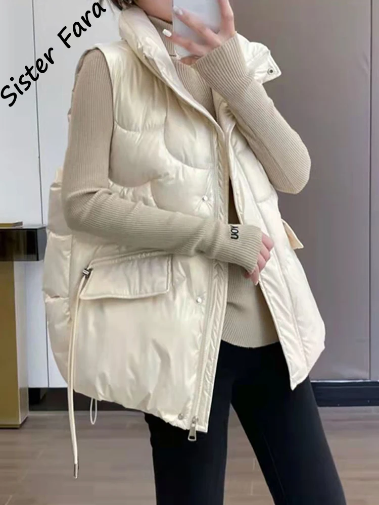 

Sister Fara Cotton Down Waterproof Vest Women Winter European Waistcoat Vest Female Tand Collar Padded Down Jacket Coat