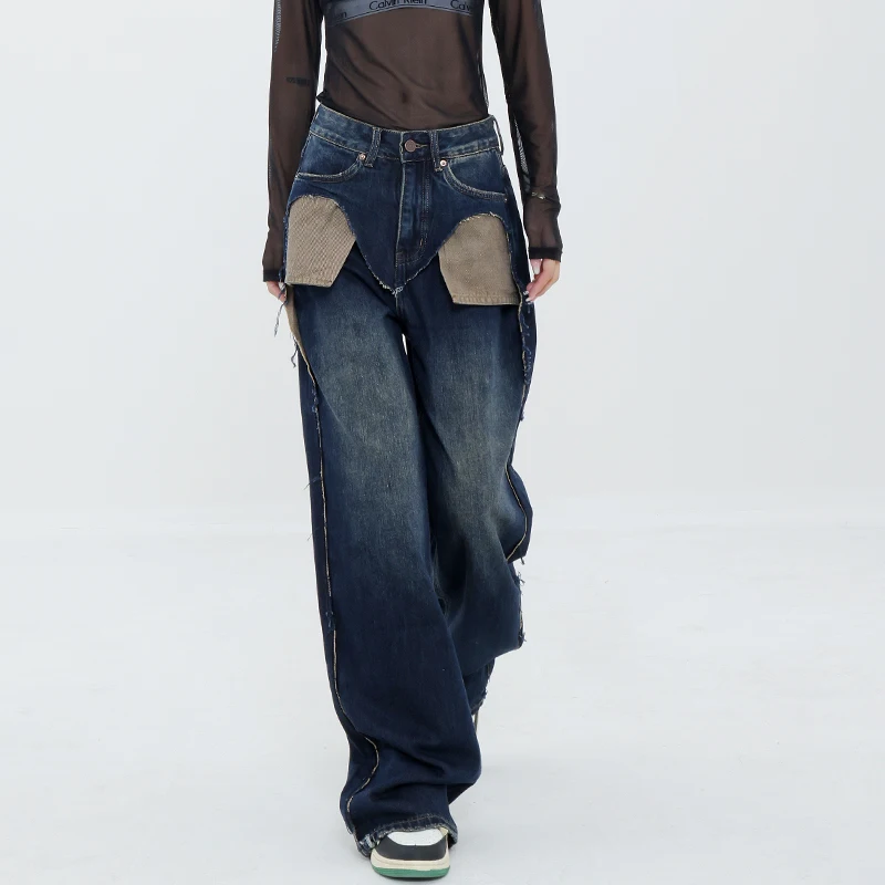 

Sandro реки осень новый дизайн чувствительные небольшие группы Джинсы женские темно-синие грубые края широкие брюки