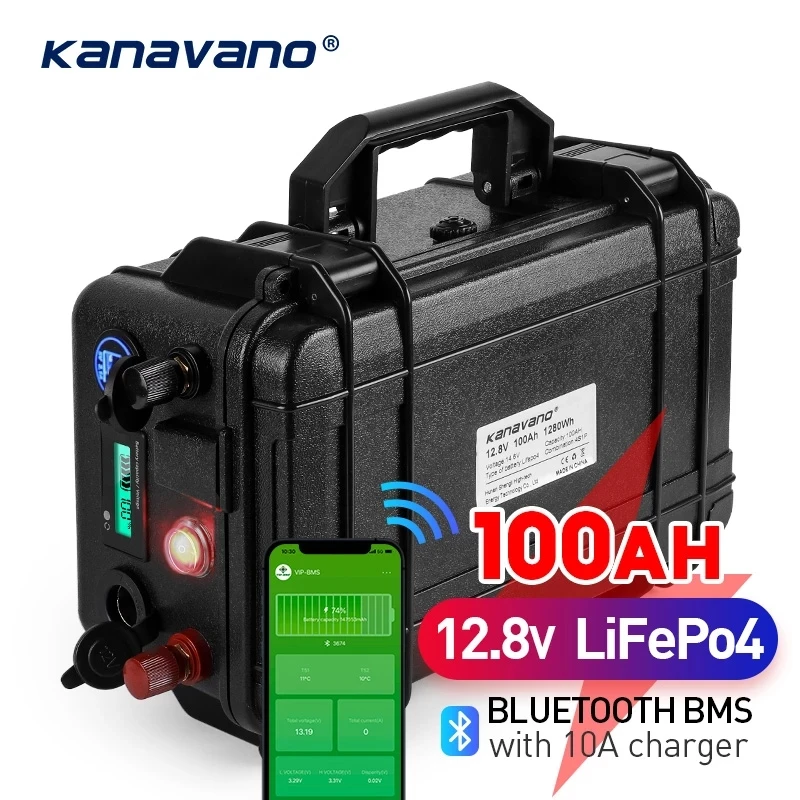 

Waterproof 12.8V 100Ah LiFePO4 Battery Pack 12V 40Ah Build-in Bluetooth BMS For Solar RV EV Camper Yacht Inverter With Charger