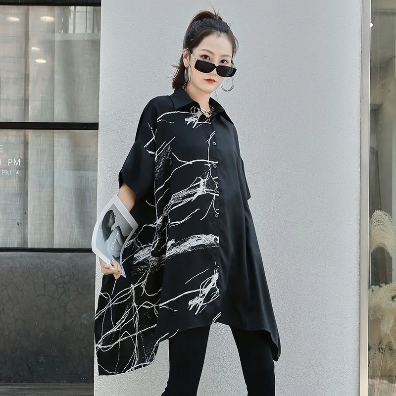 

SuperAen 2022 Women's Summer New Loose Slim Patchwork Printing Turn Down Collar Shirts