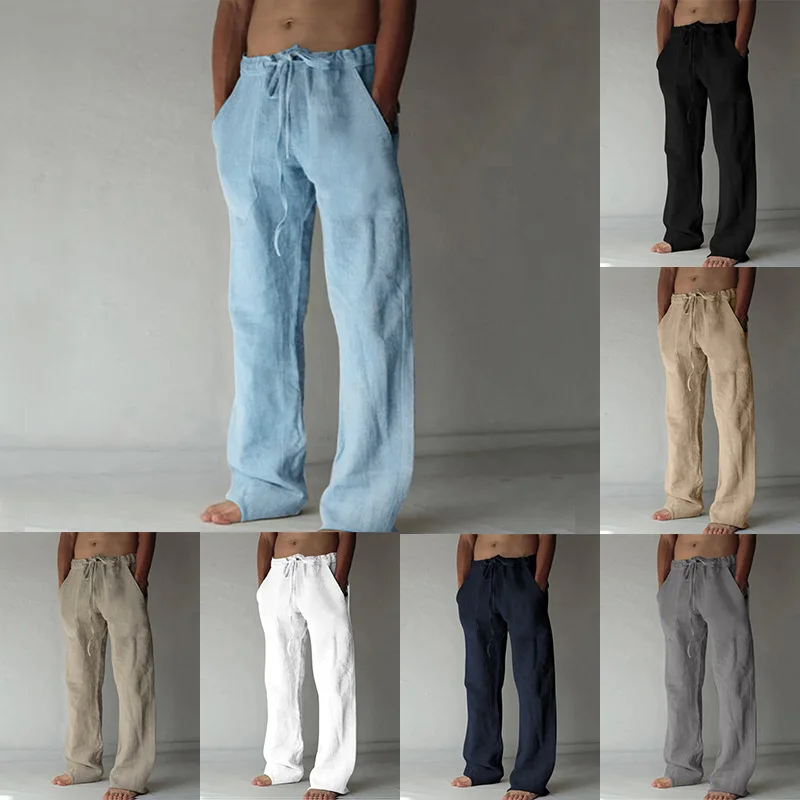 2023 Cotton Linen Pants Men 2023 New Large Size Men's Casual Trousers Home Trousers Long Tube Solid Color Trousers For Men S-5XL