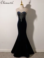 2022 summer new solid color velvet slimming evening dress womens fashion beaded tassel backless sexy dress for ladies