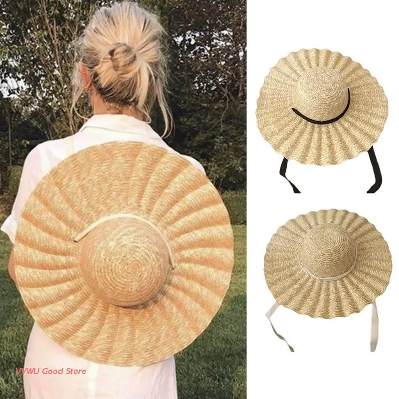 

Wide Brim Straw Hat with Ribbon Summer Wavy Pattern Sun Protection Outdoor Beach Sunhat