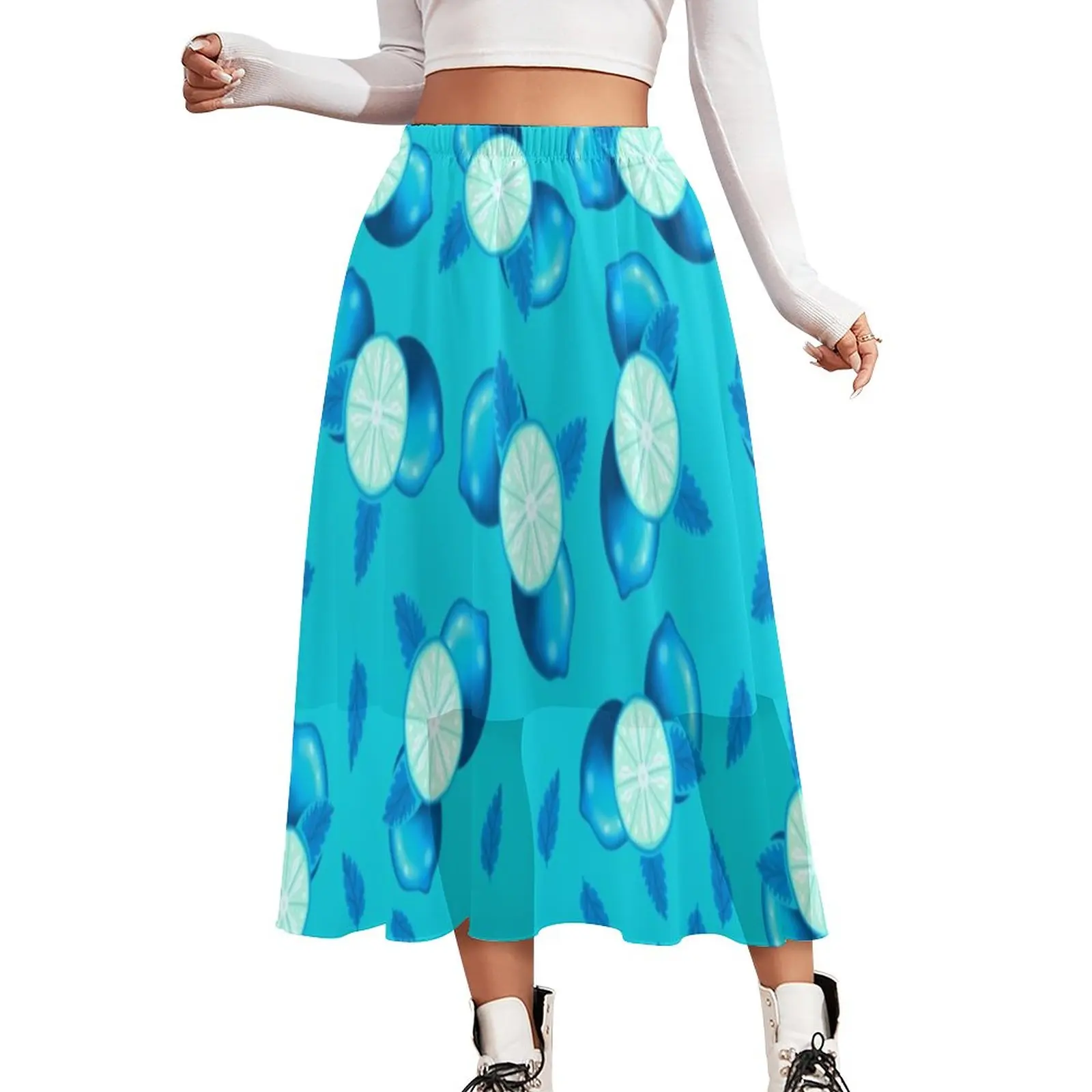 

Lemon Print Skirt Ladies Blue Lime Fruits Trendy Boho Skirts Design Elastic Waist Street Wear A-line Skirt Big Size 2XL 3XL
