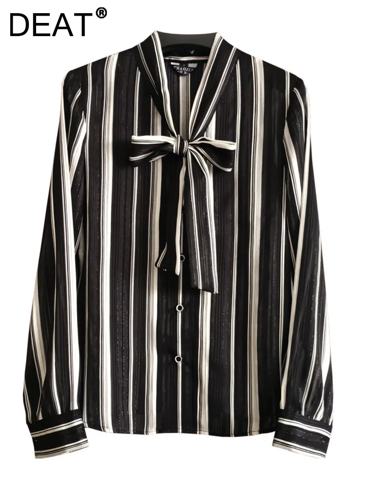 

DEAT Fashion Women Shirt Striped Chiffon Lapel Single Braested Lace Up Contrast Color Long Sleeve Blouse Summer 2023 New 17A9128