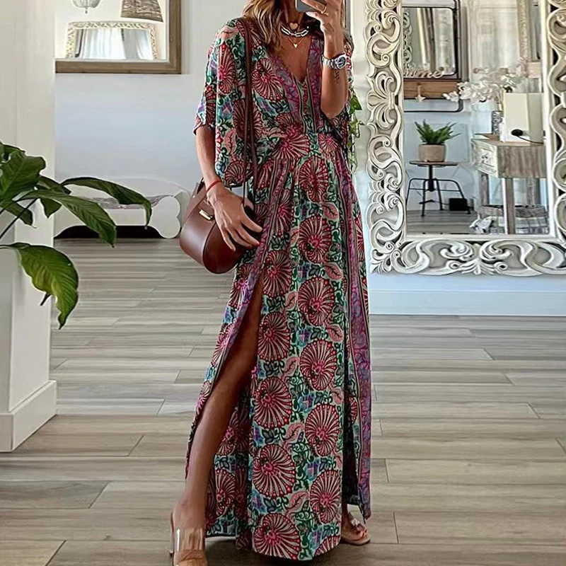

Female Short Sleeve High Split Holiday Dresses New Autumn Vintage Printing Long Dress Elegant V Neck High Waist Boho Party Dress