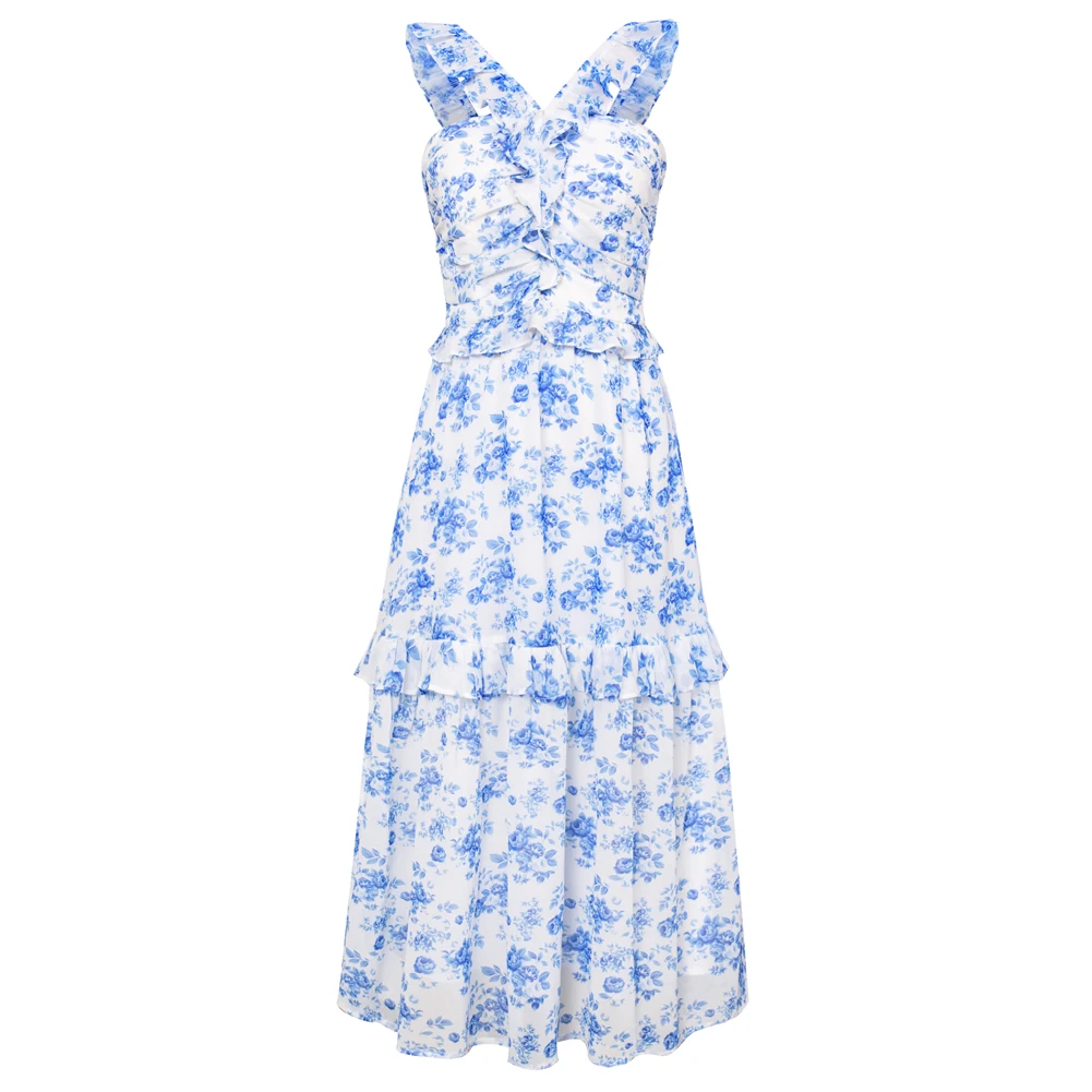 GK женское платье многоуровневое миди с воротником-халтер и цветочным принтом без