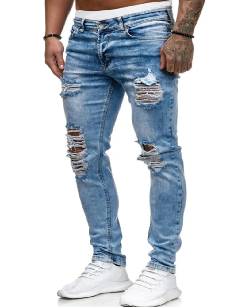 Autumn Fashion Men's Ripped Skinny Jeans Destroyed Frayed Slim Fit Denim Pant  Straight Hip Hop Blue Street Dance Trousers